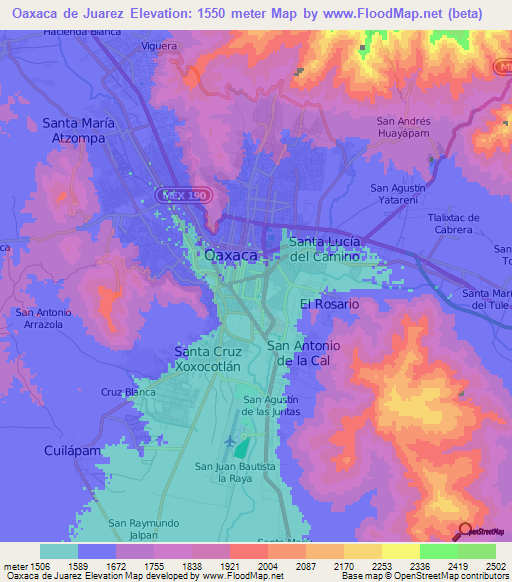 Oaxaca de Juarez,Mexico Elevation Map