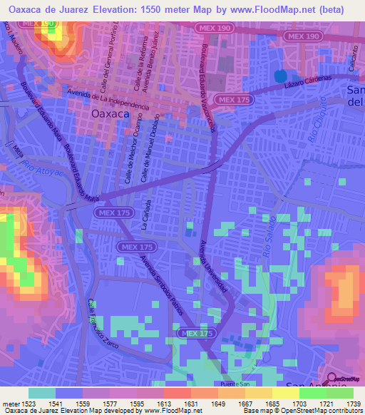 Oaxaca de Juarez,Mexico Elevation Map