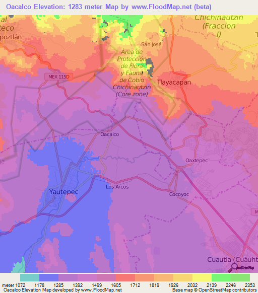 Oacalco,Mexico Elevation Map