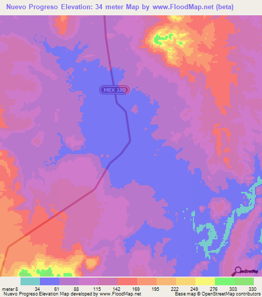 Nuevo Progreso,Mexico Elevation Map