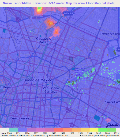 Nueva Tenochtitlan,Mexico Elevation Map
