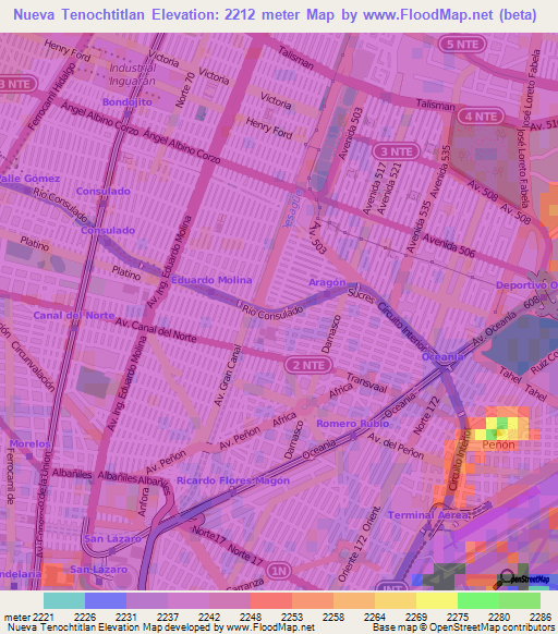 Nueva Tenochtitlan,Mexico Elevation Map