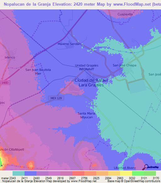 Nopalucan de la Granja,Mexico Elevation Map