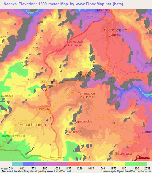 Necaxa,Mexico Elevation Map