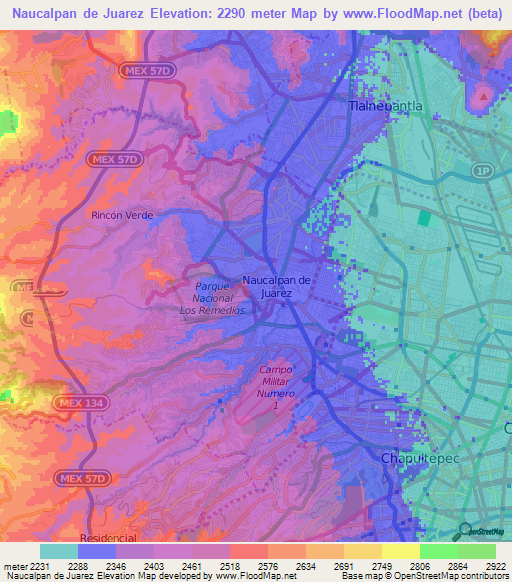 Naucalpan de Juarez,Mexico Elevation Map