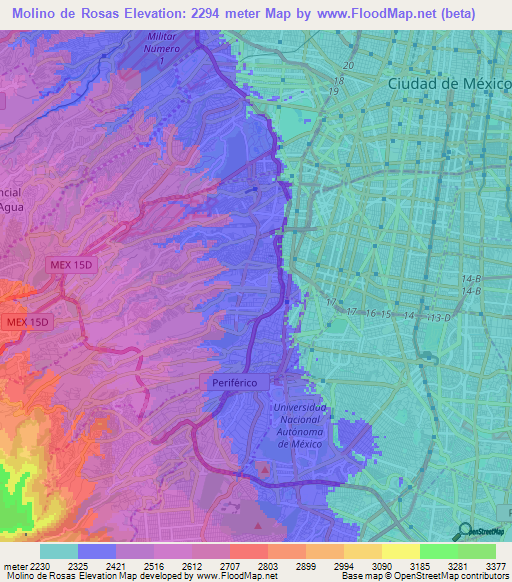 Molino de Rosas,Mexico Elevation Map