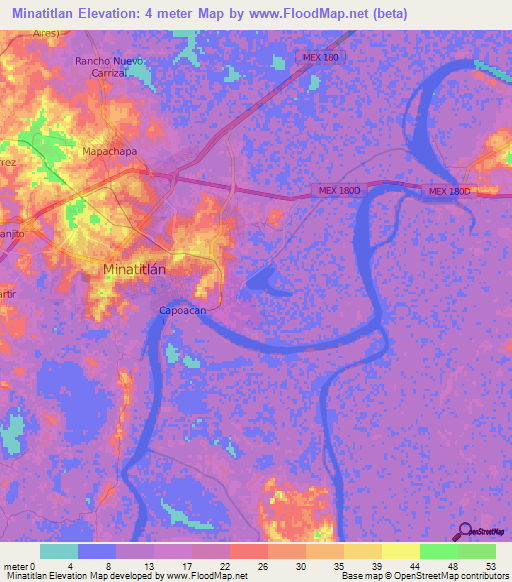 Minatitlan,Mexico Elevation Map