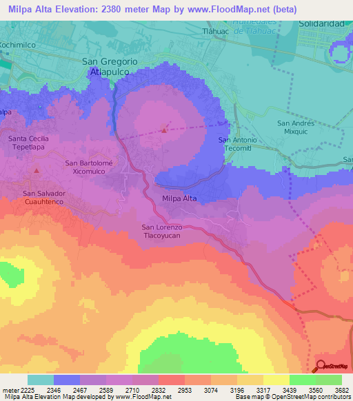 Milpa Alta,Mexico Elevation Map