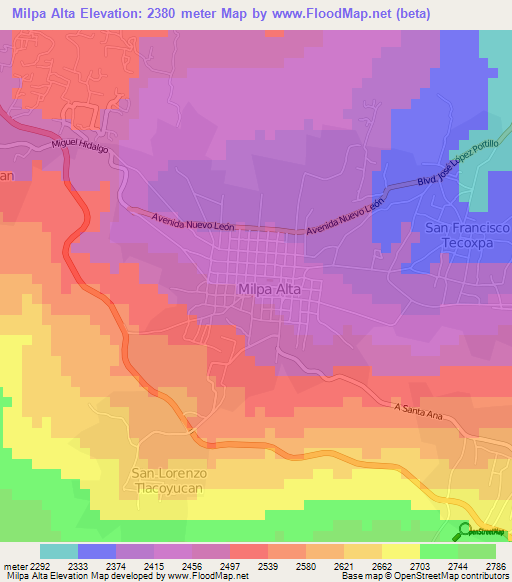 Milpa Alta,Mexico Elevation Map