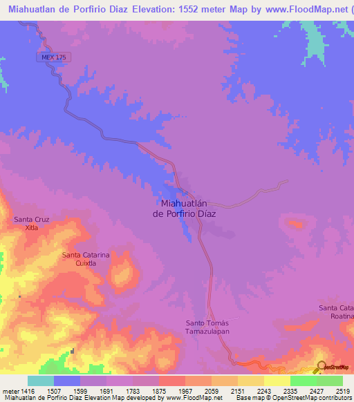 Miahuatlan de Porfirio Diaz,Mexico Elevation Map