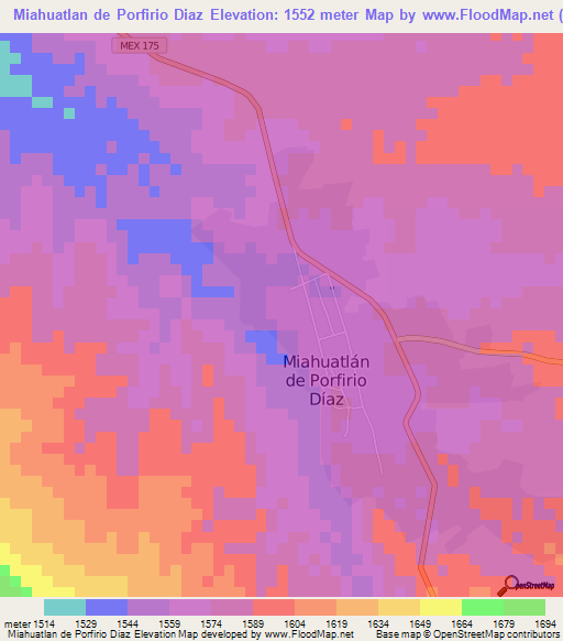 Miahuatlan de Porfirio Diaz,Mexico Elevation Map