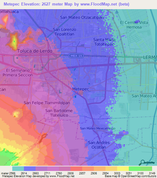 Metepec,Mexico Elevation Map