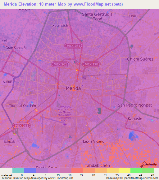 Merida,Mexico Elevation Map