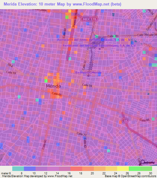 Merida,Mexico Elevation Map