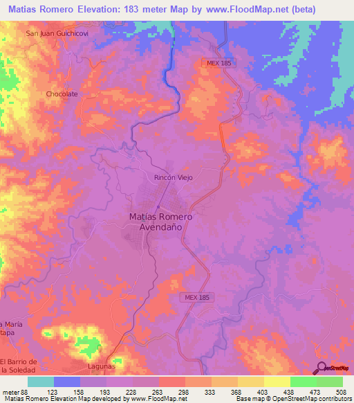 Matias Romero,Mexico Elevation Map