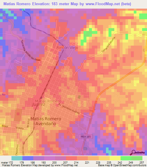 Matias Romero,Mexico Elevation Map