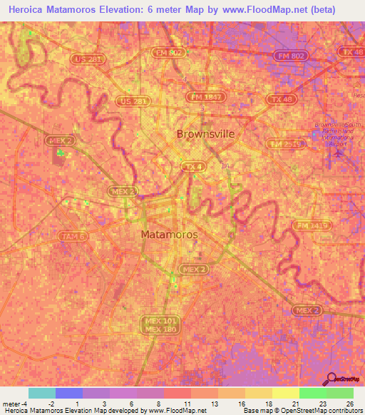 Heroica Matamoros,Mexico Elevation Map