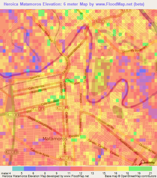 Heroica Matamoros,Mexico Elevation Map