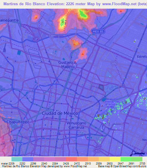 Martires de Rio Blanco,Mexico Elevation Map