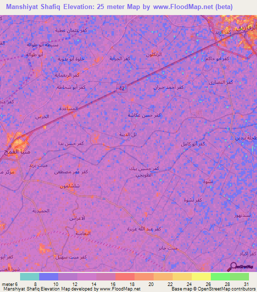 Manshiyat Shafiq,Egypt Elevation Map