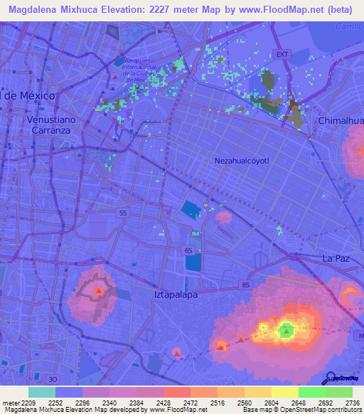 Magdalena Mixhuca,Mexico Elevation Map