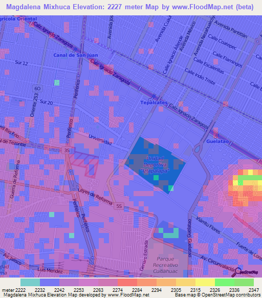 Magdalena Mixhuca,Mexico Elevation Map