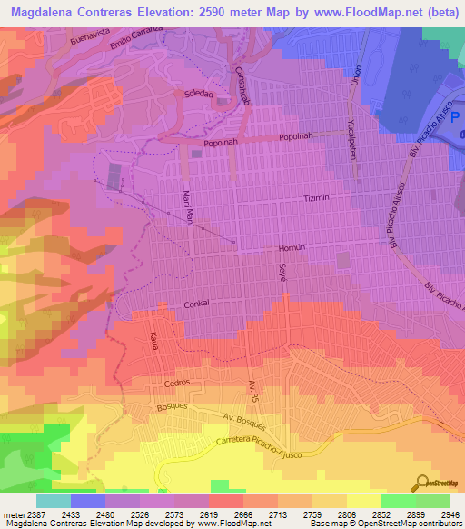 Magdalena Contreras,Mexico Elevation Map