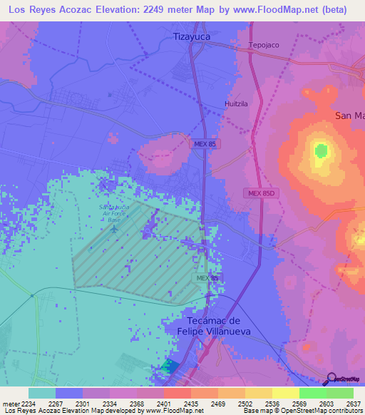 Los Reyes Acozac,Mexico Elevation Map