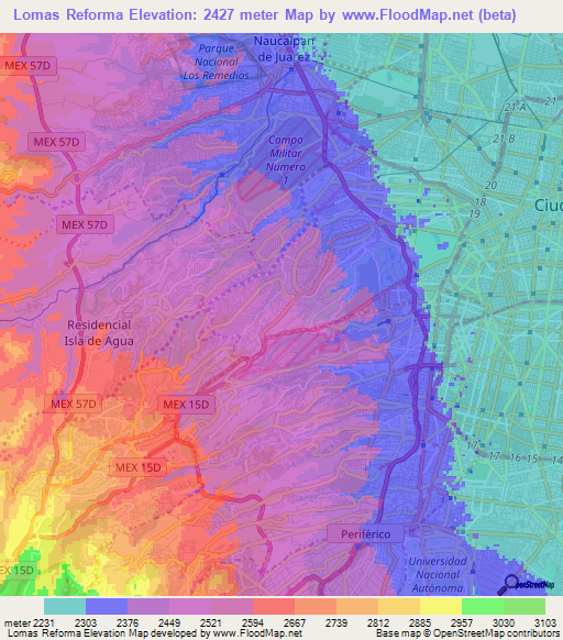 Lomas Reforma,Mexico Elevation Map