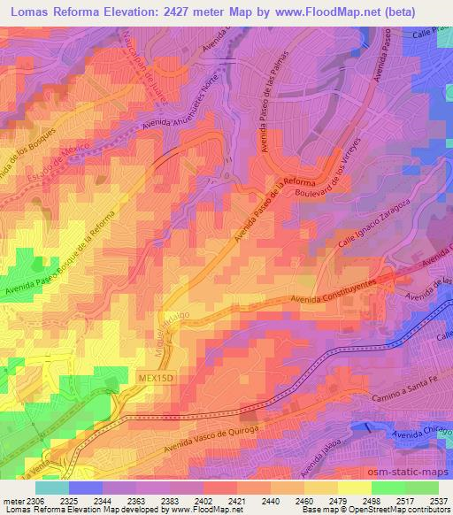 Lomas Reforma,Mexico Elevation Map