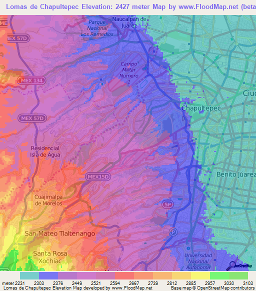 Lomas de Chapultepec,Mexico Elevation Map