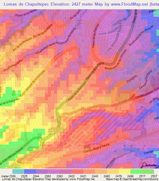 Lomas de Chapultepec,Mexico Elevation Map