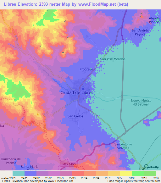 Libres,Mexico Elevation Map