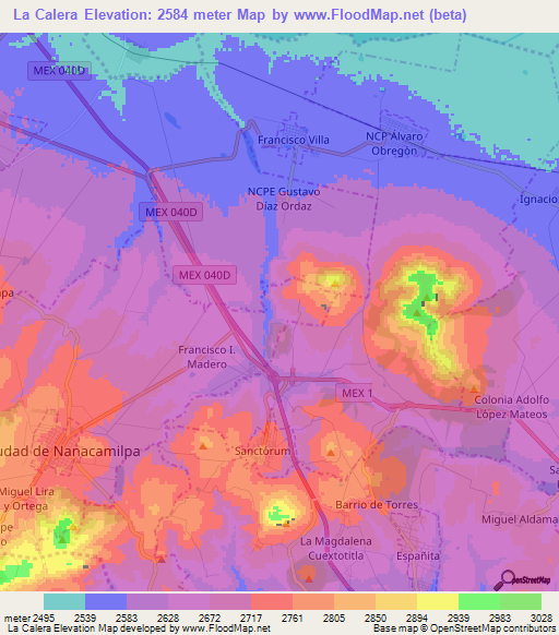 La Calera,Mexico Elevation Map