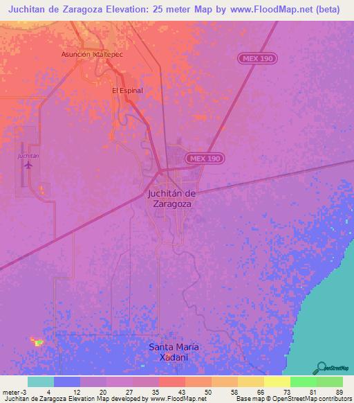 Juchitan de Zaragoza,Mexico Elevation Map