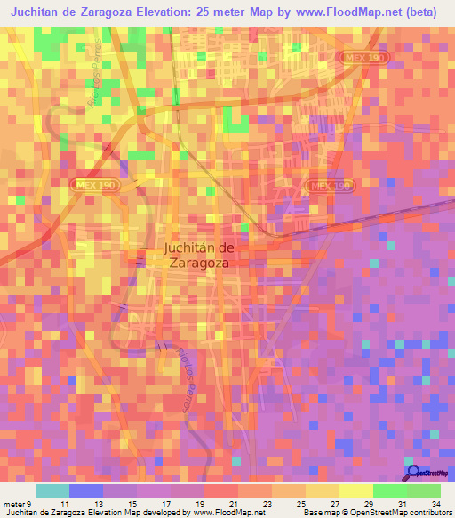 Juchitan de Zaragoza,Mexico Elevation Map