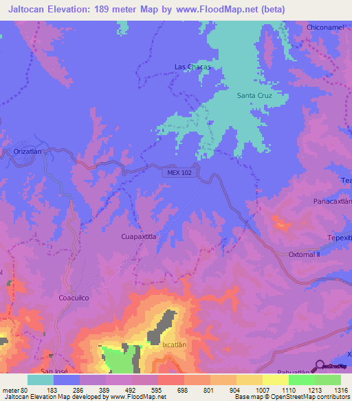 Jaltocan,Mexico Elevation Map