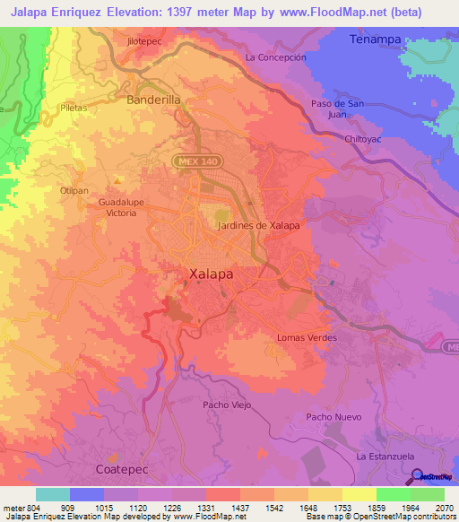 Jalapa Enriquez,Mexico Elevation Map