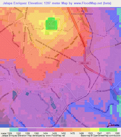 Jalapa Enriquez,Mexico Elevation Map