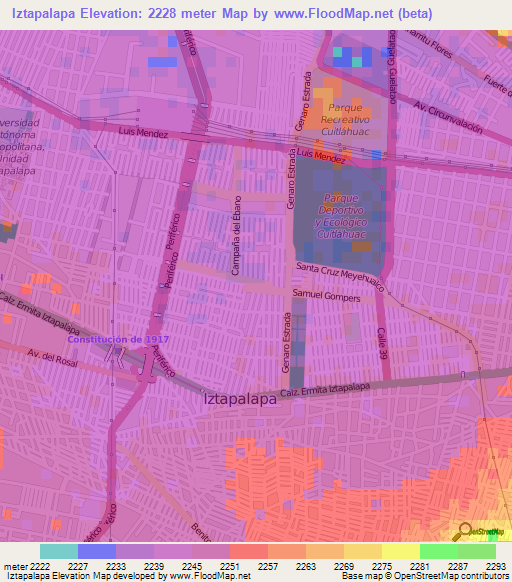 Iztapalapa,Mexico Elevation Map