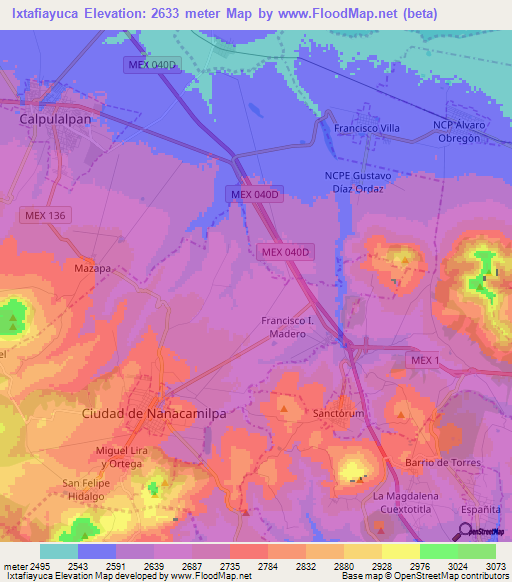 Ixtafiayuca,Mexico Elevation Map