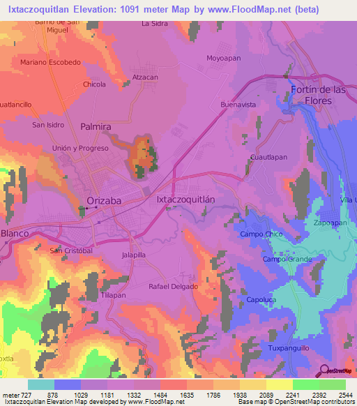 Ixtaczoquitlan,Mexico Elevation Map