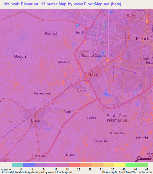 Idzincab,Mexico Elevation Map