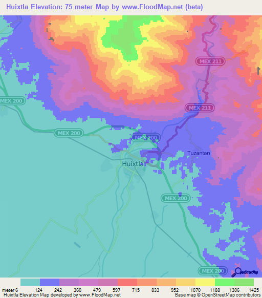 Huixtla,Mexico Elevation Map