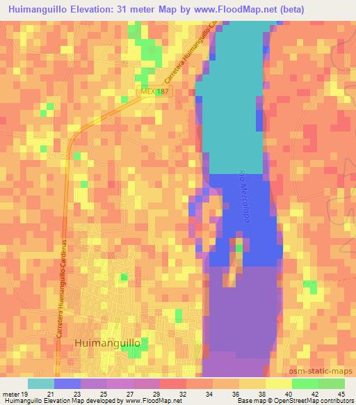 Huimanguillo,Mexico Elevation Map