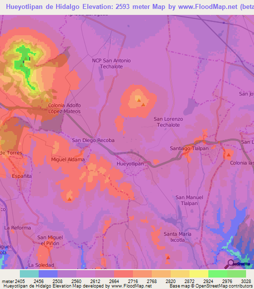 Hueyotlipan de Hidalgo,Mexico Elevation Map