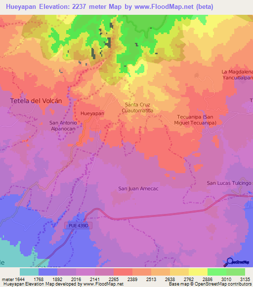 Hueyapan,Mexico Elevation Map