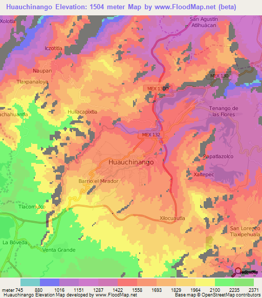 Huauchinango,Mexico Elevation Map