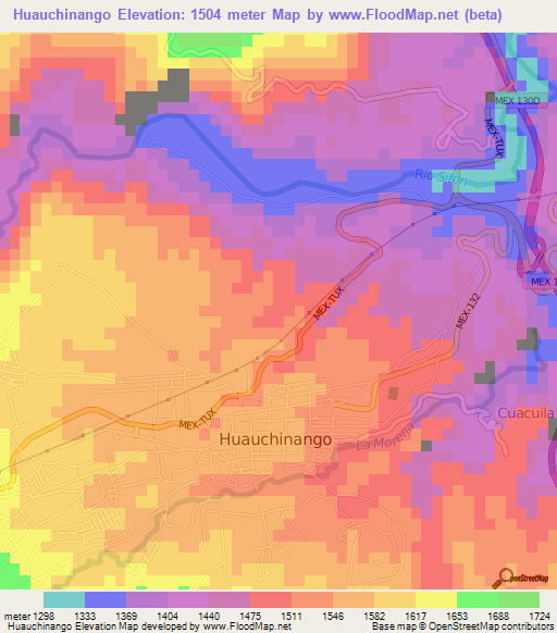 Huauchinango,Mexico Elevation Map