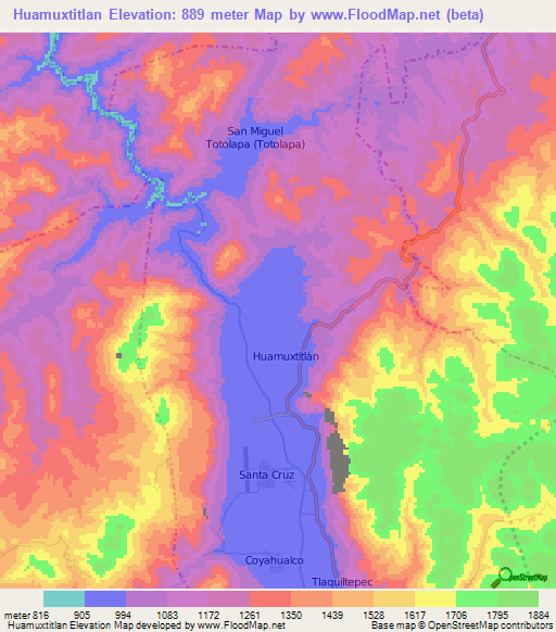 Huamuxtitlan,Mexico Elevation Map